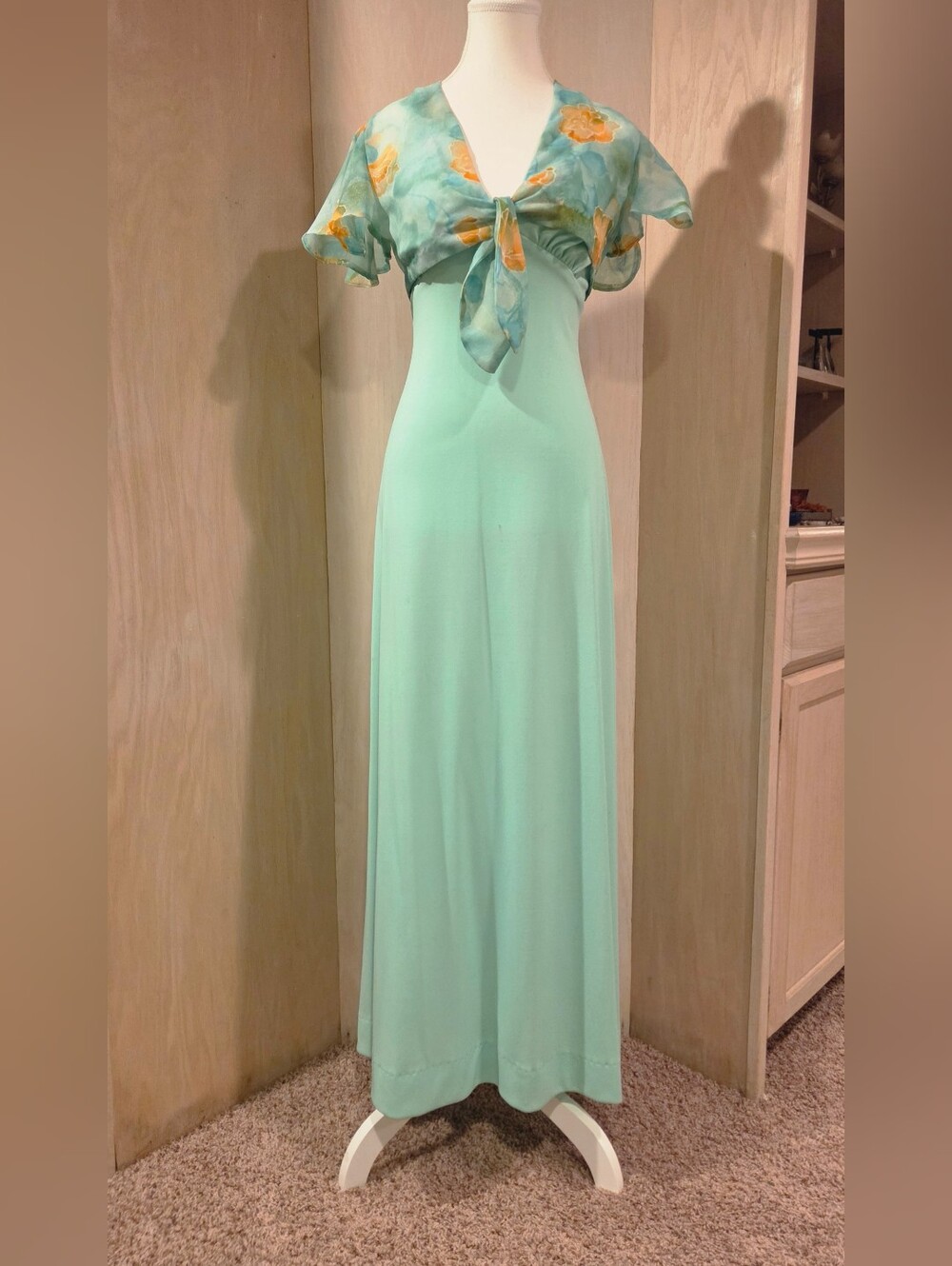70's mint green halter maxi with sheer floral cover up.
